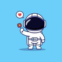 Cute happy astronaut carrying red flower vector