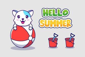 lindo gato con pancarta de saludo hola verano vector