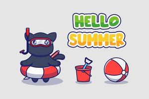 Cute ninja cat with hello summer greeting banner vector