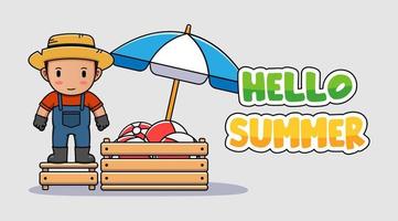 Cute farmer with hello summer greeting banner vector