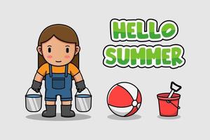 Cute farmer with hello summer banner vector