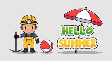 Cute miner with hello summer greeting banner vector