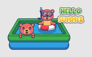 osos lindos con pancarta de saludo hola verano vector