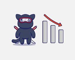 lindo gato ninja con signo de gráfico hacia abajo vector