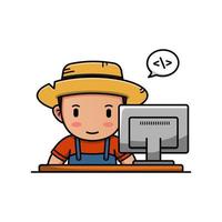 Cute farmer working in front of his computer vector