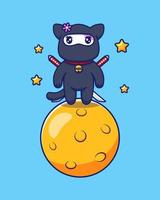 Cute ninja cat in the moon vector