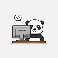 Cute panda working in front of computer vector