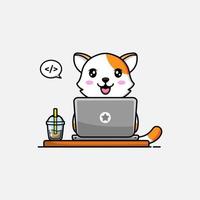 Cute cat working in front of computer vector