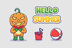 Cute pumpkin monster with hello summer greeting banner vector