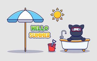 lindo gato ninja con pancarta de saludo de hola verano vector