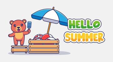 Cute bear with hello summer greeting banner vector