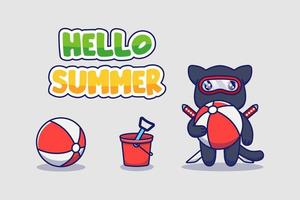 Cute ninja cat with hello summer greeting banner vector