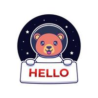 Cute bear wearing astronaut suit carrying hello banner vector