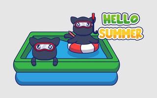 lindos gatos ninja con pancarta de saludo de hola verano vector