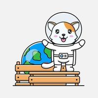 lindo gato con traje de astronauta con modelo de planeta tierra vector