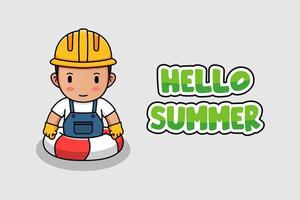 lindo trabajador nadando con pancarta de saludo hola verano vector