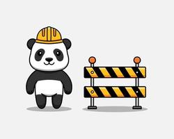 Cute panda with helmet and roadblock vector