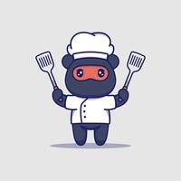 Cute ninja bear with chef uniform carrying spatulas vector