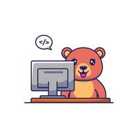 Cute bear working in front of computer vector