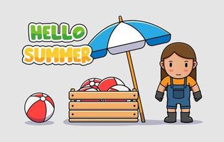 Cute farmer with hello summer greeting banner vector