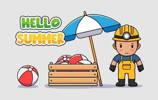 Cute miner with hello summer greeting banner vector