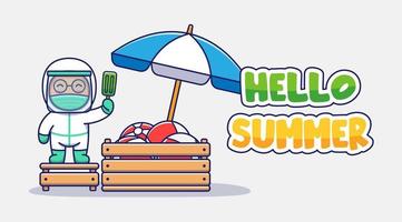 Cute doctor with hello summer greeting banner vector