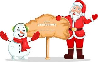 Cartoon cute Santa Claus and Snowman characters with a sign Merry Christmas and Happy New Year vector