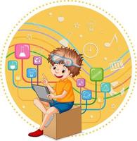 Young boy using tablet with education icons vector