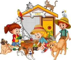 Happy children gardening plants with their dogs vector