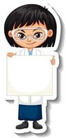 Scientist girl holding empty board cartoon character sticker vector