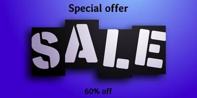 Sale banner. Black cards with white letters casting a shadow on a blue background. Vector illustration