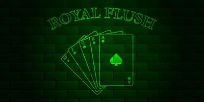 Dark green brick wall with glowing text Poker and royal flush of the suit of spades. Vector illustration.