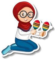 Muslim girl playing maracas cartoon character sticker vector