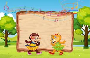 Empty wooden board with cat and monkey at nature park vector