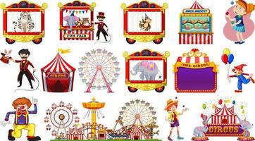 conjunto de personajes de circo y elementos del parque de atracciones. vector