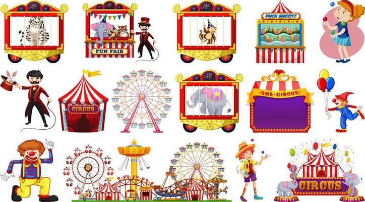 Set of circus characters and amusement park elements