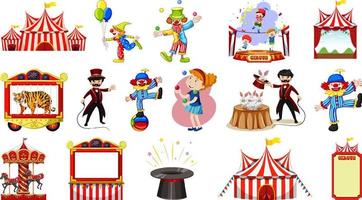 conjunto de personajes de circo y elementos del parque de atracciones. vector