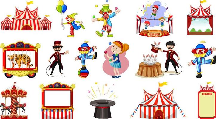 Set of circus characters and amusement park elements