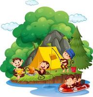 Isolated forest with monkeys camping vector