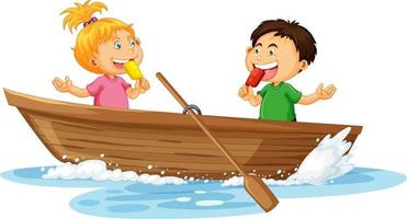 Couple kids on a wooden boat vector