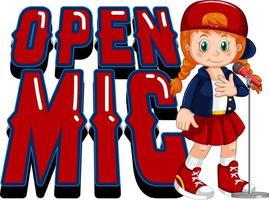 diseño de logotipo de micrófono abierto con personaje de dibujos animados de chica cantante vector