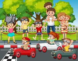 Outdoor scene with children racing car vector