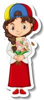 A girl holding flower bouquet cartoon character vector