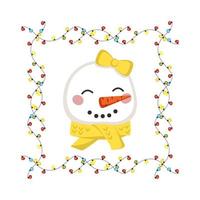 Cute snowman in scarf and bow in childish style with frame made of festive garlands with lights. Funny character with happy face. Vector flat illustration for holiday and new year