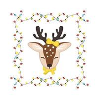 Cute deer in children style with festive decorations for Holiday, New Year and Christmas. Funny animals with bow and frame made of festive garlands with lights. Vector flat illustration
