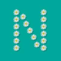 Letter N from white chamomile flowers. Festive font or decoration for spring or summer holiday and design. Vector flat illustration