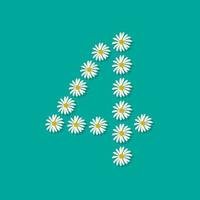 Number four from white chamomile flowers. Festive font or decoration for spring or summer holiday and design. Vector flat illustration