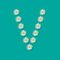 Letter V from white chamomile flowers. Festive font or decoration for spring or summer holiday and design. Vector flat illustration