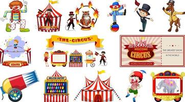 conjunto de personajes de circo y elementos del parque de atracciones. vector