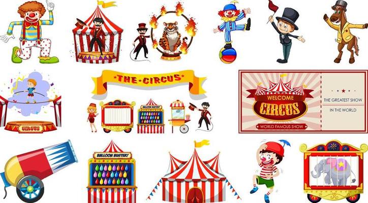 Set of circus characters and amusement park elements